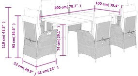 7 pcs conjunto de jantar p/ jardim c/ almofadões vime PE preto