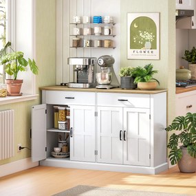 Aparador, móvel cozinha 140 x 40 x 91,5 cm com porta USB e tomada múltipla, com 2 armários com portas de estilo rústico, 2 gavetas e prateleiras ajust