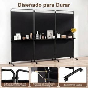 Biombo Dobrável de 3 Painéis, 259 x 44 x 188 cm, Com Rodas Bloqueáveis, Preto