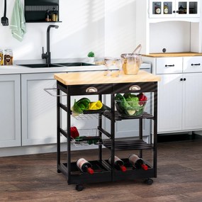 Carrinho de Cozinha  com Rodinhas com Prateleira e Gaveta 74x37x76cm Preto