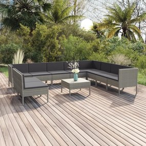 11 pcs conjunto lounge de jardim c/ almofadões vime PE cinzento