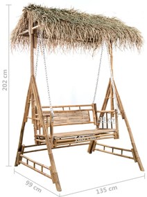 Banco baloiço 2 lug. bambu c/ folhas palmeira e almofadão 202cm