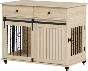 PawHut Gaiola para Cães Médios e Grandes Mesa de Apoio Moderna com 2 Gavetas 2 Portas e Fecho 100x56x81 cm Carvalho | Aosom Portugal
