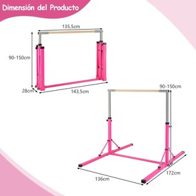 Barra de ginástica infantil dobrável com 13 alturas ajustáveis Estrutura triangular para ginásio em casa Carga 100 kg Rosa