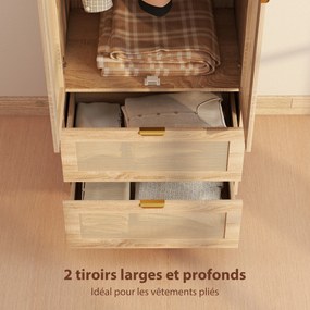 Guarda Roupa de Quarto com 2 Portas e 2 Gavetas, 63 x 47 x 185 cm, Design em Rotim, Madeira Natural