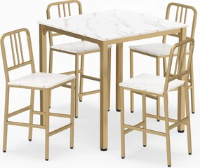 Conjunto de mesa de jantar alta e 4 bancos para 4 pessoas com tampo em imitação de mármore, mesa quadrada moderna branco