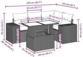 5 pcs conjunto de sofás p/ jardim com almofadões vime PE bege