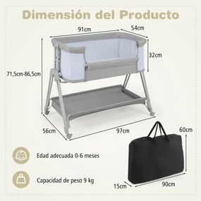 Berço lateral dobrável e portátil para bebés, com 7 alturas ajustáveis, colchão confortável e prateleira de arrumação, 97 x 56 x 86,5 cm, cinzento