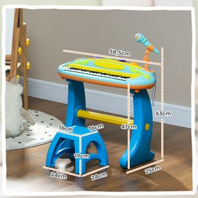 Piano eletrónico infantil de 37 teclas, com microfone, banco, luz LED e função de gravação e reprodução azul