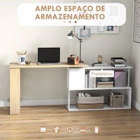 Mesa de Computador Secretária Mesa de Canto Giratória 360° com 5 Prateleiras 120x110x74,5 cm Madeira e Branco