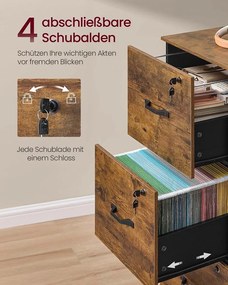 Armário arquivo escritório com 4 gavetas com fechadura 40 x 41 x 135,5 cm Castanho vintage-Preto