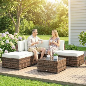 Conjunto de Jardim em Vime de 6 Peças Inclui Almofadas 4 Módulos de Assento 1 Sofá de Canto e Mesa de Centro em Vidro Castanho Escuro
