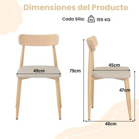 Conjunto de 2 cadeiras de jantar modernas (MESA NÃO INCLUIDA) estofadas em tecido de linho com pernas de metal resistentes natural