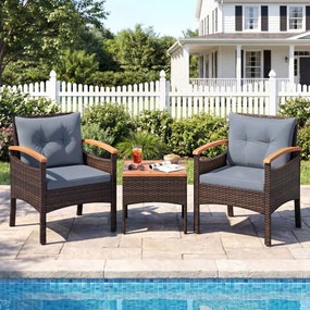 Conjunto de 3 peças para jardim em vime e rattan, com cadeiras com braços, mesa auxiliar em madeira de acácia e almofadas em castanho misturado e cinz