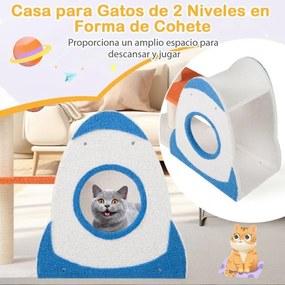 Arranhador para gatos 80 x 33 x 87 cm de 4 níveis em forma de OVNI com de 2 níveis em forma de foguetão Azul+Branco+Amarelo+Laranja