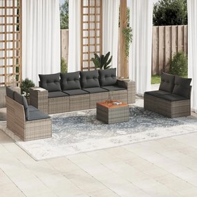 9 pcs conjunto sofás p/ jardim com almofadões vime PE cinzento