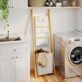 Estante para Casa de Banho de Bambu com 3 Barras e Cesto para Roupa Suja Removível de 48 L 43x35x133 cm Creme e Madeira