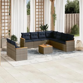 vidaXL 10 pcs conjunto sofás p/ jardim c/ almofadões vime PE cinzento