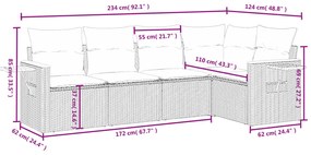 5 pcs conjunto sofás de jardim c/ almofadões vime PE cinzento