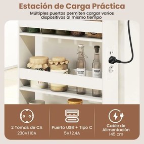 Carrinho cozinha estreito 47,5 x 13 x 80,5 cm com estação de carregamento de 4 níveis com rodas bloqueáveis Branco + Cor Nogueira