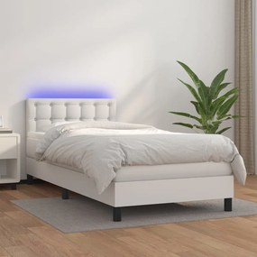 Cama box spring c/ colchão/LED 80x200cm couro artificial branco