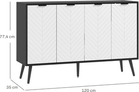 Aparador de 4 Portas, Aparador de Sala com Prateleiras Ajustáveis e Pés de Madeira para Cozinha Branco e Preto 120x35x77,4 cm
