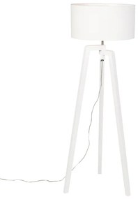 Candeeiro de pé tripé branco em madeira com abajur branco 50 cm - Puros Moderno