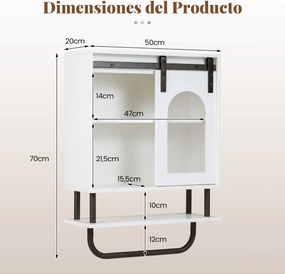 Armário de parede casa de banho 50 x 20 x 70 cm com 3 níveis, porta de correr em vidro e barra metálica Branco