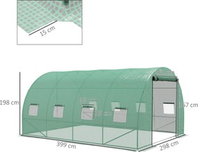 Estufa de jardim 4 x 4 x 2 m tipo túnel, 12 m², aço reforçado + PE de alta densidade 140 g/m², 8 janelas, porta enrolável, verde