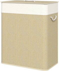 Cesto de roupa suja duplo com tampa 52 x 32 x 63 cm, cesto de roupa suja em bambu de 100 L com alças de corda creme