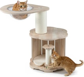 Arranhador para gatos de madeira 50 x 73 cm com 3 níveis, cápsula espacial, postes para arranhar, brinquedo e tapete lavável para interior, 74 cm, car