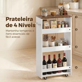 Carrinho de Cozinha Estreito de 3 Níveis com Rodas para Espaços Reduzidos, Sala de Jantar ou Sala, Branco