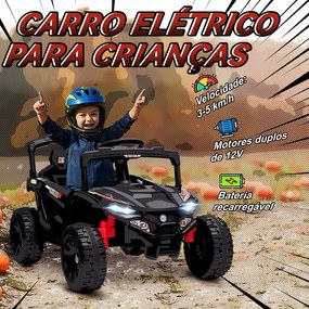 Carro Elétrico para Crianças 12V com 2 Motores Suspensão Traseira Faróis e Música 88x57,5x55,5 cm Preto