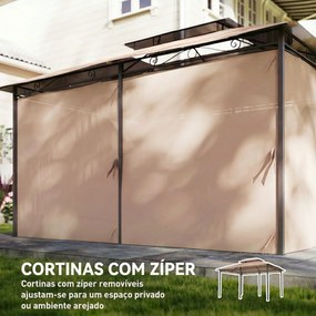 Pérgola para Jardim 3x4 m Pérgola de Exterior com Telhado Duplo 6 Paredes Laterais Estrutura Metálica Caqui