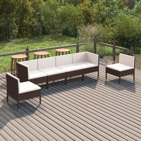 vidaXL 6 pcs conjunto lounge jardim c/ almofadões vime PE castanho