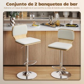 Conjunto de 2 Bancos de Bar Giratórios com Altura Ajustável Estofados em Tecido Tipo Linho com Base em Aço 41x47,5x81-102 cm  Bege