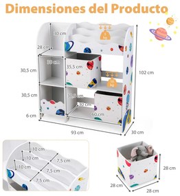 Armário organizador para crianças com 3 níveis 5 compartimentos e 2 gavetas para brinquedos em tecido 93 x 30 x 102 cm Tema Astronauta branco