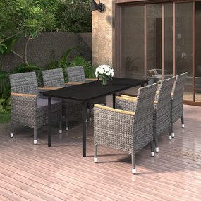 vidaXL 7 pcs conjunto de jantar p/ jardim c/ almofadões vime PE/vidro