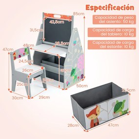 Conjunto de mesa e cadeira para crianças com 2 caixas de tecido removíveis, quadros magnéticos e quadro branco para brincar e desenhar Cinzento