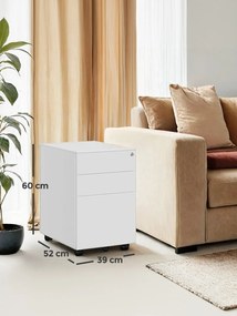 Bloco gavetas escritório com rodas 52 x 39 x 60 cm, com 3 gavetas branco