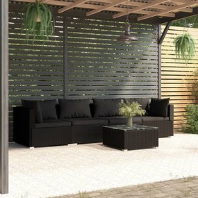 vidaXL 5 pcs conjunto lounge de jardim c/ almofadões vime PE preto