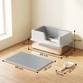 Caixa de Areia XL para Gatos em Aço Inoxidável com Rebordo Alto Pá Escova e Gancho Cinza Claro