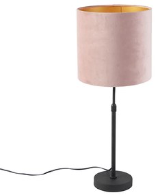 Candeeiro de mesa preto com cúpula em veludo rosa com dourado 25 cm - Parte Clássico / Antigo