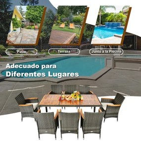 Conjunto de móveis de jardim de vime e acácia de 9 peças com 1 mesa retangular 8 cadeiras almofadas  jardim e piscina Cinzento Misto