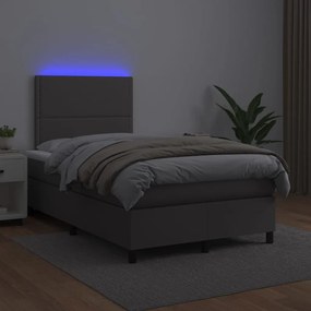 Cama box spring c/ colchão/LED 120x200cm couro artificial cinza