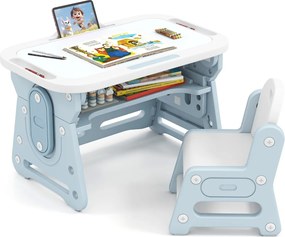 Conjunto de mesa e cadeira para crianças com quadro negro inclinado, suporte para livros e prateleira côncava para maiores de 3 anos, Azul