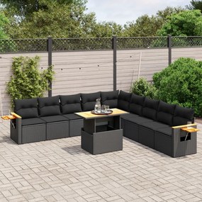 11 pcs conjunto sofás de jardim c/ almofadões vime PE preto