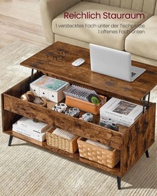 Mesa de centro 50 x 100 x 45/58,5 cm com tampo ajustável e compartimento oculto, castanho vintage e preto