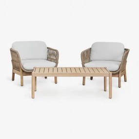 Conjunto De Sala Com 2 Poltronas Em Corda Trançada E Mesa De Centro Em Madeira De Acácia Karvia Marrom Acácia Claro & Tecido Branco - Sklum