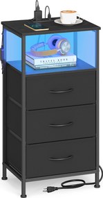 Mesa de cabeceira  com tomada LED, 39,6 x 30 x 75,9 cm, 3 gavetas tecido Preta